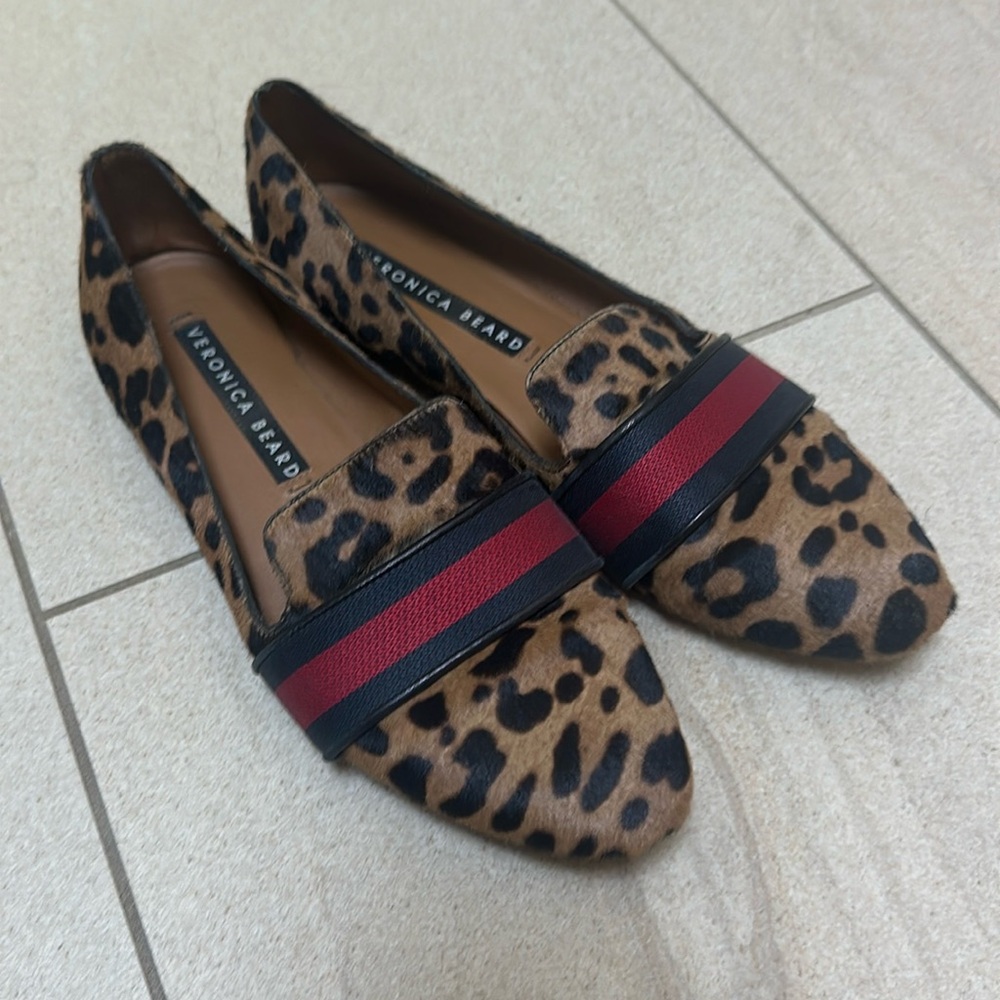 Veronica Beard Leopard Print Pointed Toe Flats with Red & Black Stripe